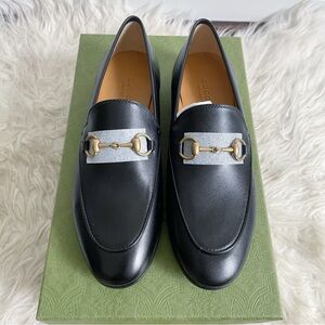 Gucci Jordaan Horsebit Detailed Leather Loafer Black Gold size 36 NWT